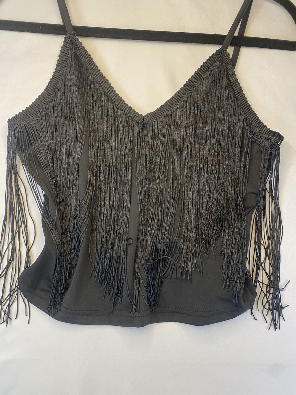 Solid Black Fringe Trim Cami Top Women's Size S Spaghetti Strap